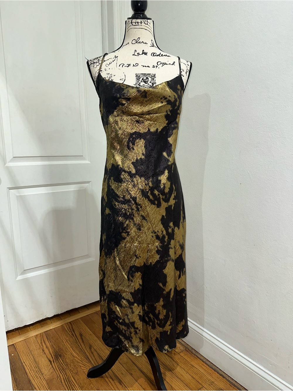 Fashion Nova Black & Gold Satin Slip Midi Dress